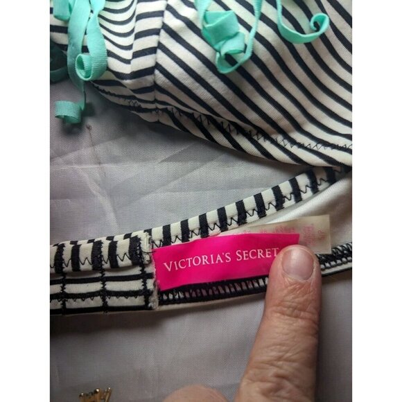PINK Victoria Secret bikini swim TOP Striped & Aqua fringe halter Size Small - Picture 5 of 14